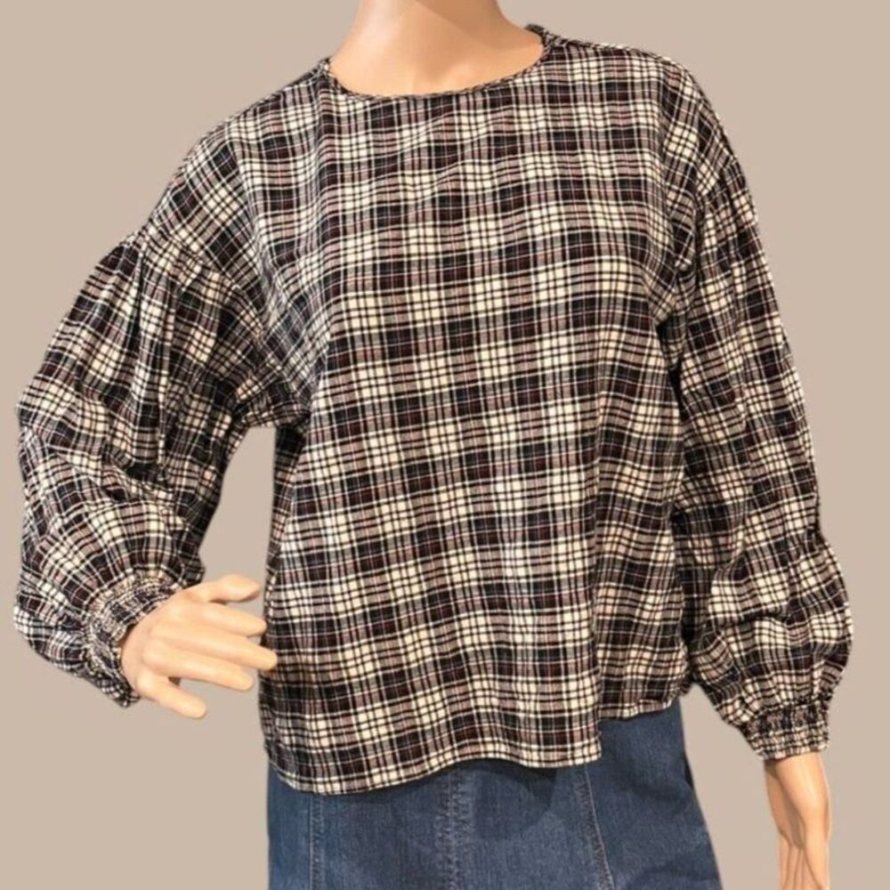 ZARA Women's Plaid Pull-Over Balloon Sleeve Top Tie Neck Sz S